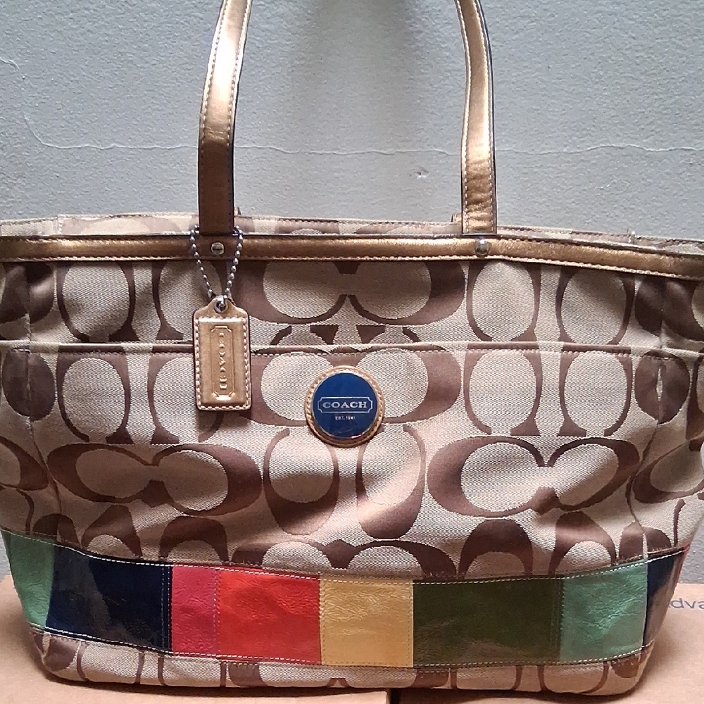 Coach Signature Tote with Multicolor Patchwork